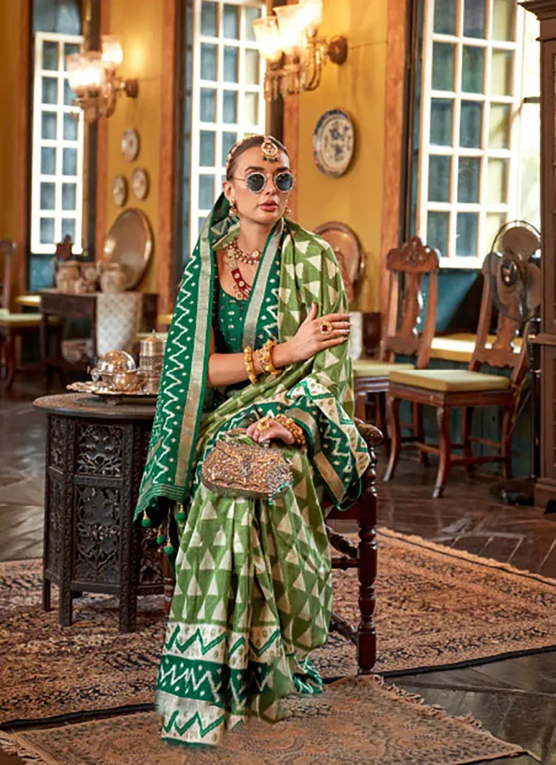 Olive Green Polyester Viscose silk Patola Printed Saree - Image 3