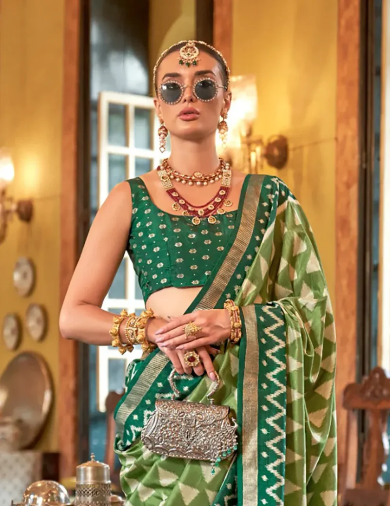 Olive Green Polyester Viscose silk Patola Printed Saree - Image 2