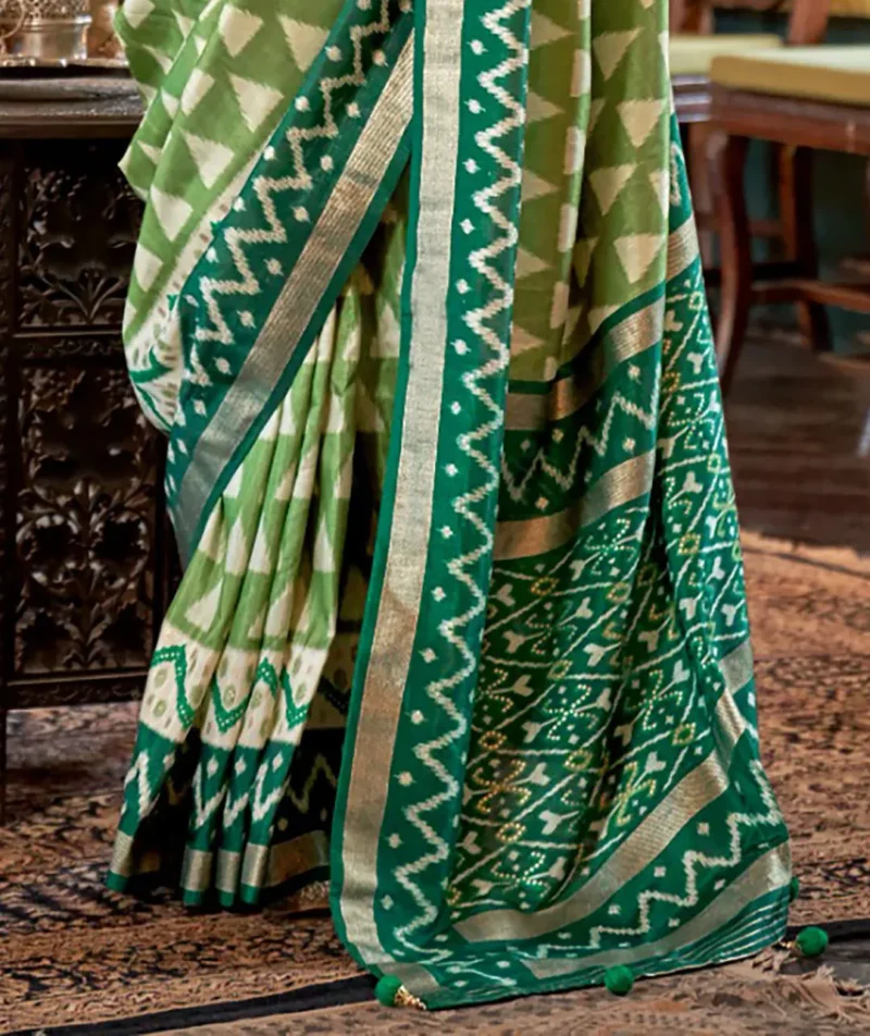 Olive Green Polyester Viscose silk Patola Printed Saree - Image 4