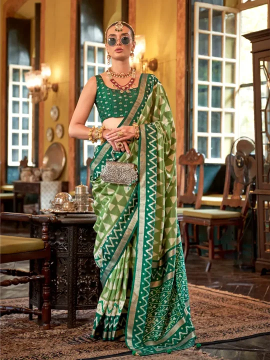 Olive Green Polyester Viscose silk Patola Printed Saree