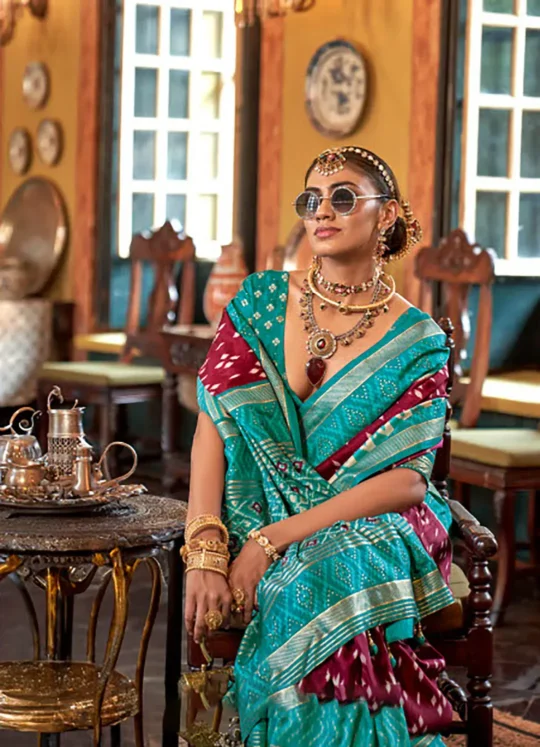 Maroon Teal Polyester Viscose silk Patola Printed Saree