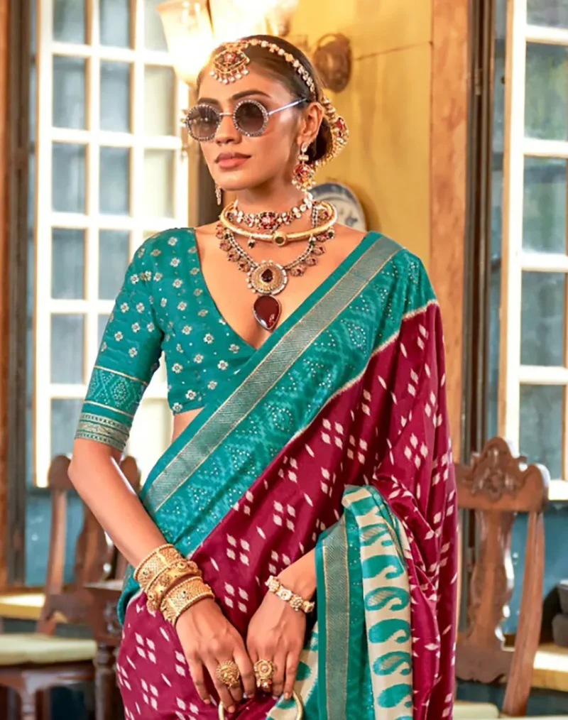 Maroon Teal Polyester Viscose silk Patola Printed Saree - Image 4