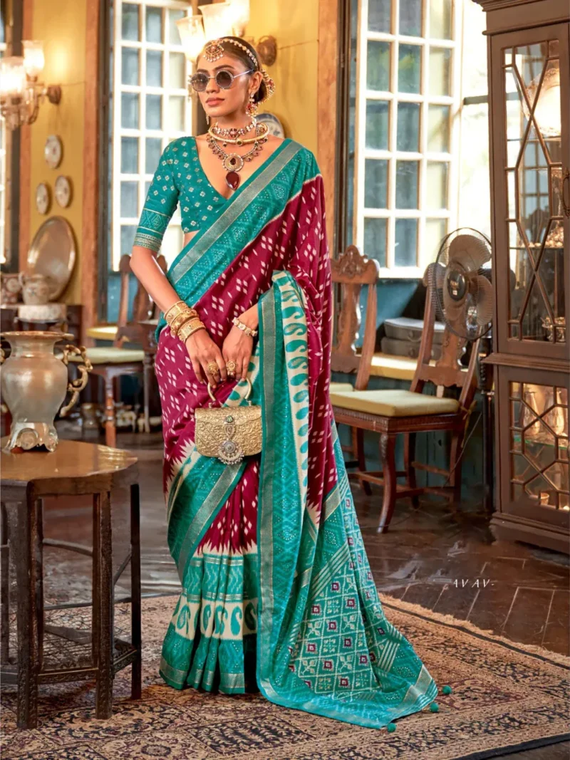 Maroon Teal Polyester Viscose silk Patola Printed Saree - Image 2
