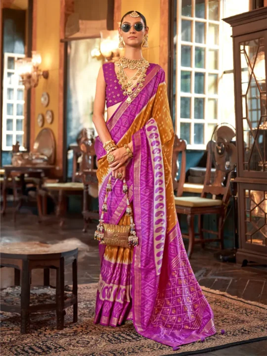 Pink Polyester Viscose silk Patola Printed Saree