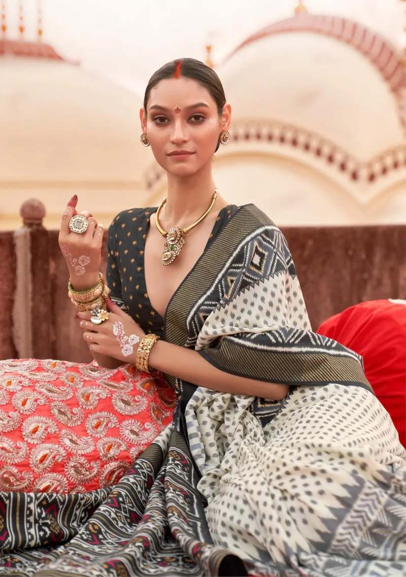 Off white Black Poly Viscose Silk Ikkat Printed Patola Saree - Image 3