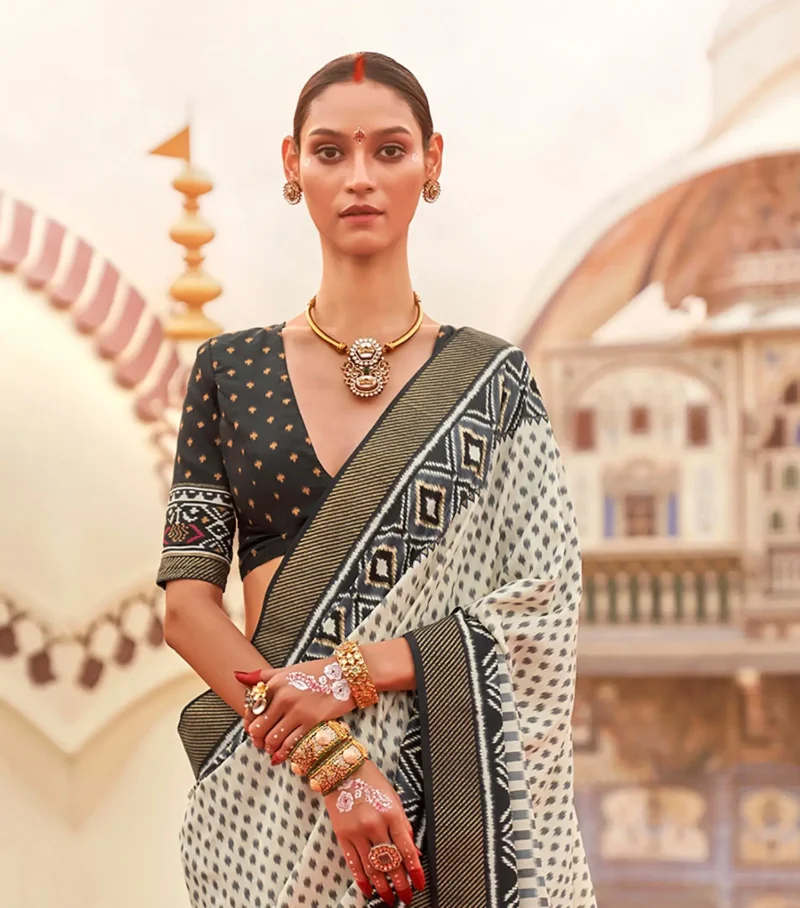 Off white Black Poly Viscose Silk Ikkat Printed Patola Saree - Image 2