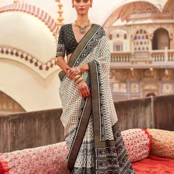 Off white Black Poly Viscose Silk Ikkat Printed Patola Saree