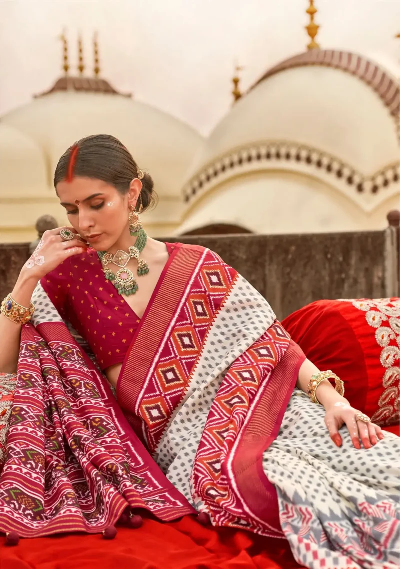 Off white Red Poly Viscose Silk Ikkat Printed Patola Saree - Image 2
