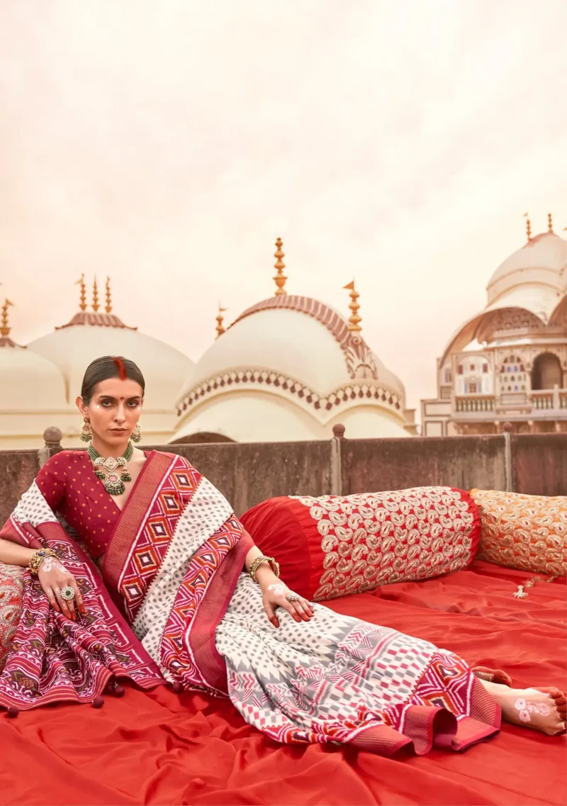 Off white Red Poly Viscose Silk Ikkat Printed Patola Saree - Image 3