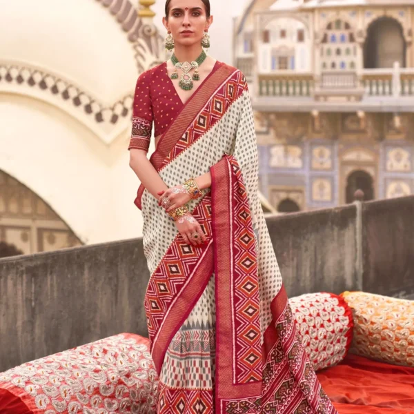 Off white Red Poly Viscose Silk Ikkat Printed Patola Saree
