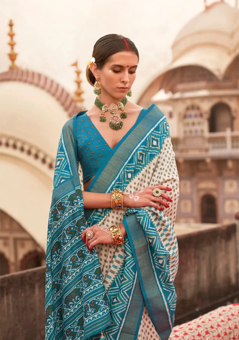 Off white Sea Blue Poly Viscose Silk Ikkat Printed Patola Saree - Image 2