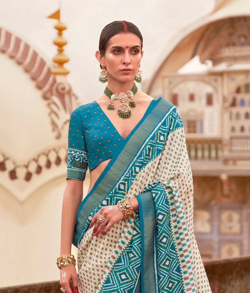 Off white Sea Blue Poly Viscose Silk Ikkat Printed Patola Saree - Image 3