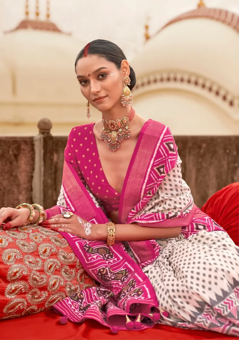 Rani Pink Poly Viscose Silk Ikkat Printed Patola Saree with weaving Border - Image 2