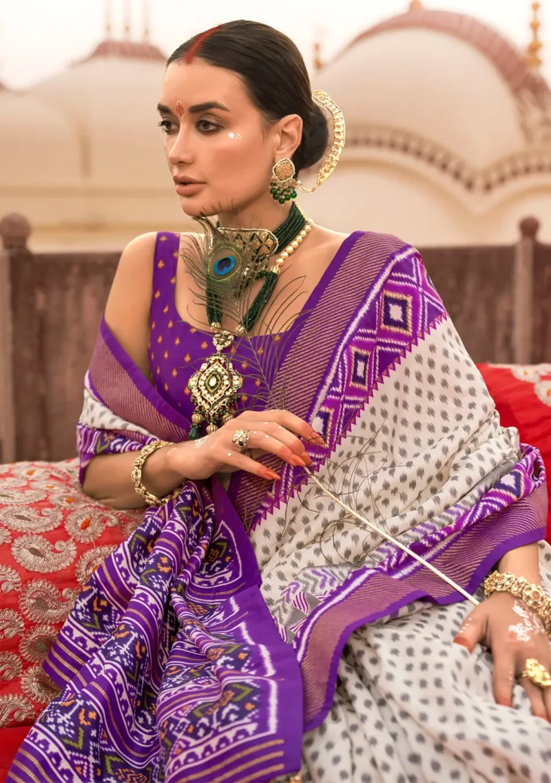 Off white Poly Viscose Silk Ikkat Printed Patola Saree with Plum weaving Border - Image 3