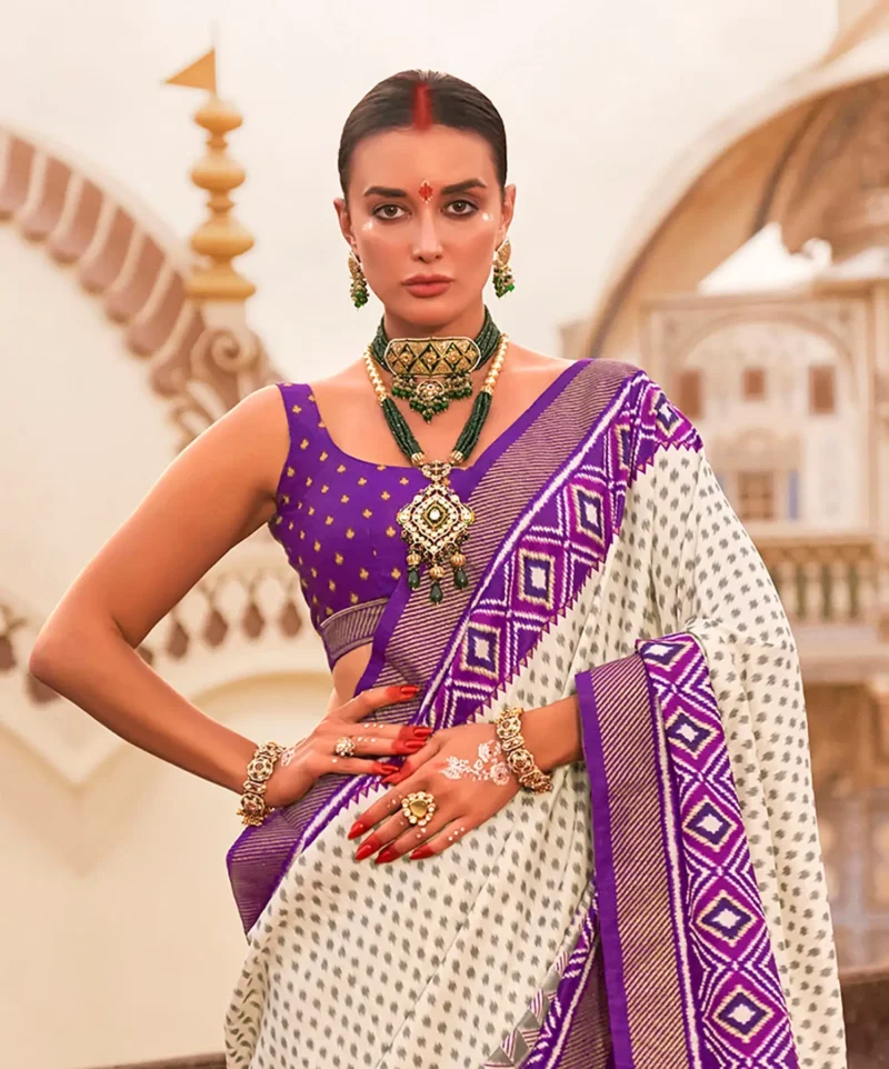 Off white Poly Viscose Silk Ikkat Printed Patola Saree with Plum weaving Border - Image 2