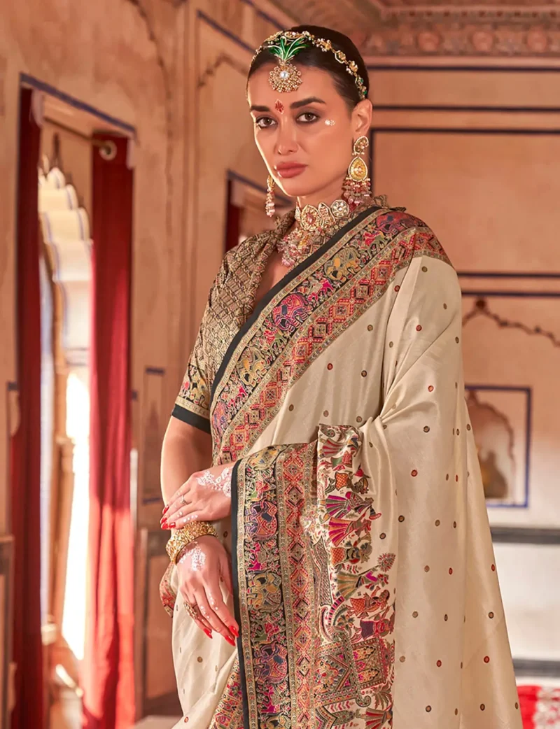 Cream Poly Viscose Silk Polka Dot Banarasi Saree With Black Woven Design Border - Image 2