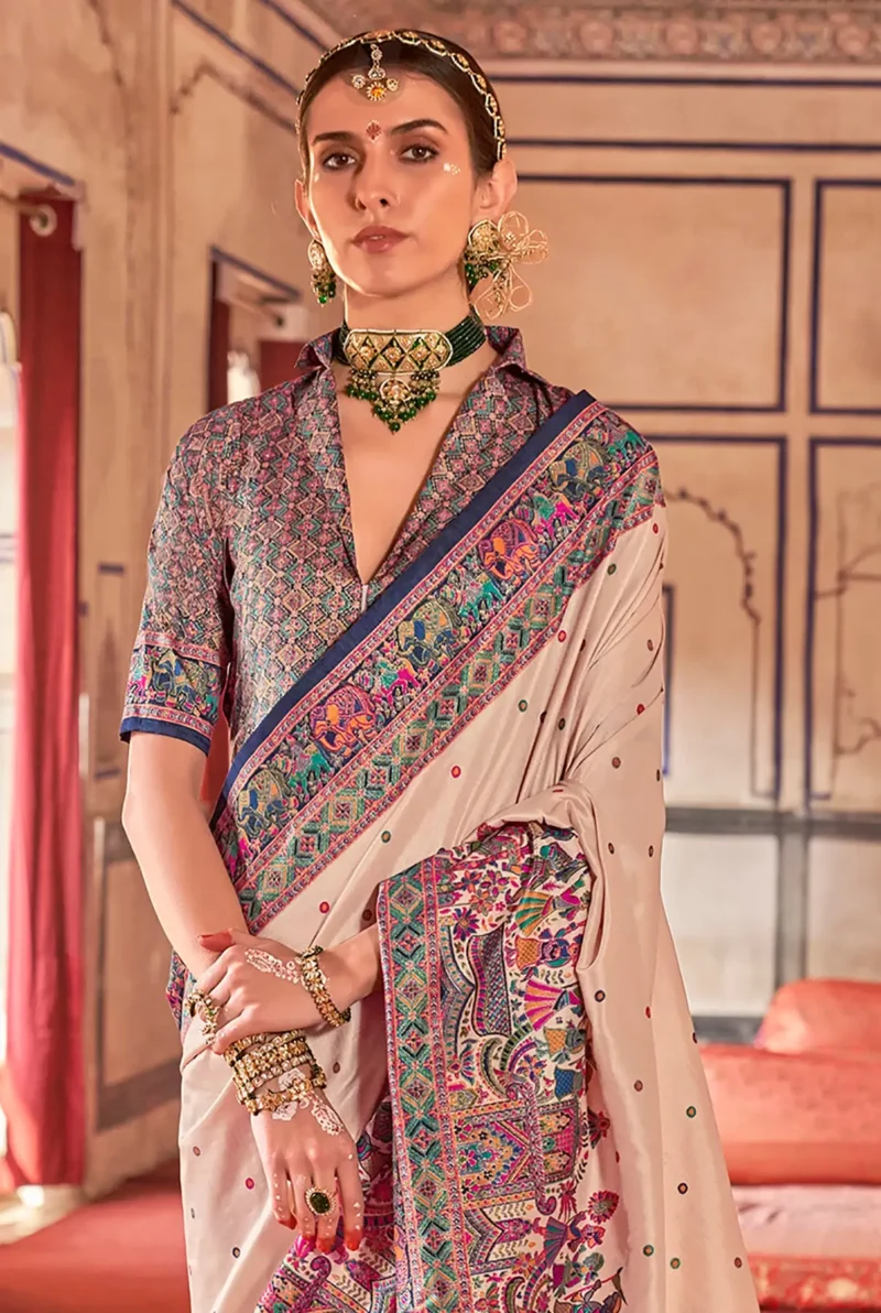 Cream Poly Viscose Silk Polka Dot Banarasi Saree With Blue Woven Design Border - Image 2