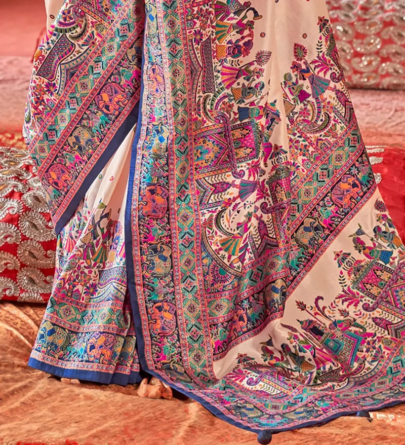 Cream Poly Viscose Silk Polka Dot Banarasi Saree With Blue Woven Design Border - Image 4