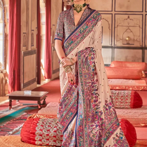 Cream Poly Viscose Silk Polka Dot Banarasi Saree With Blue Woven Design Border
