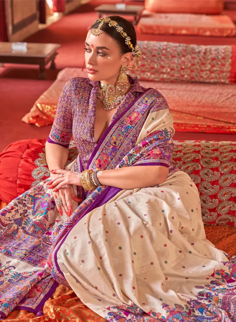 Cream Poly Viscose Silk Polka Dot Banarasi Saree With Purple Woven Design Border - Image 2