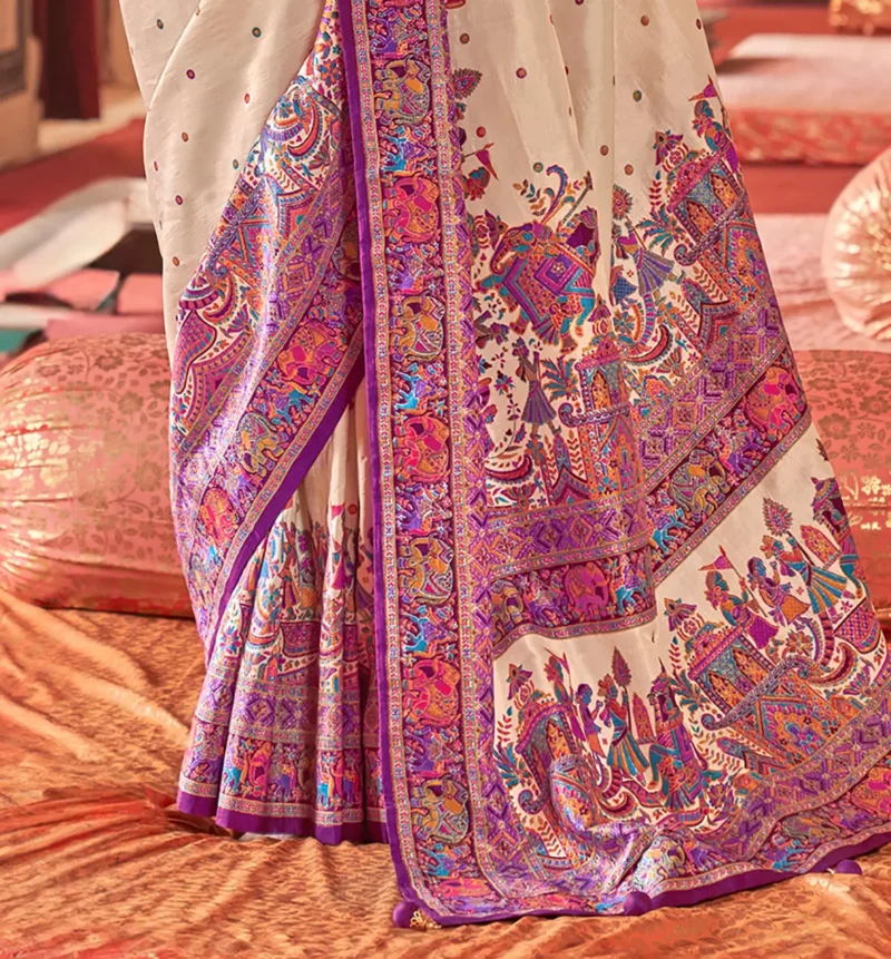 Cream Poly Viscose Silk Polka Dot Banarasi Saree With Purple Woven Design Border - Image 4