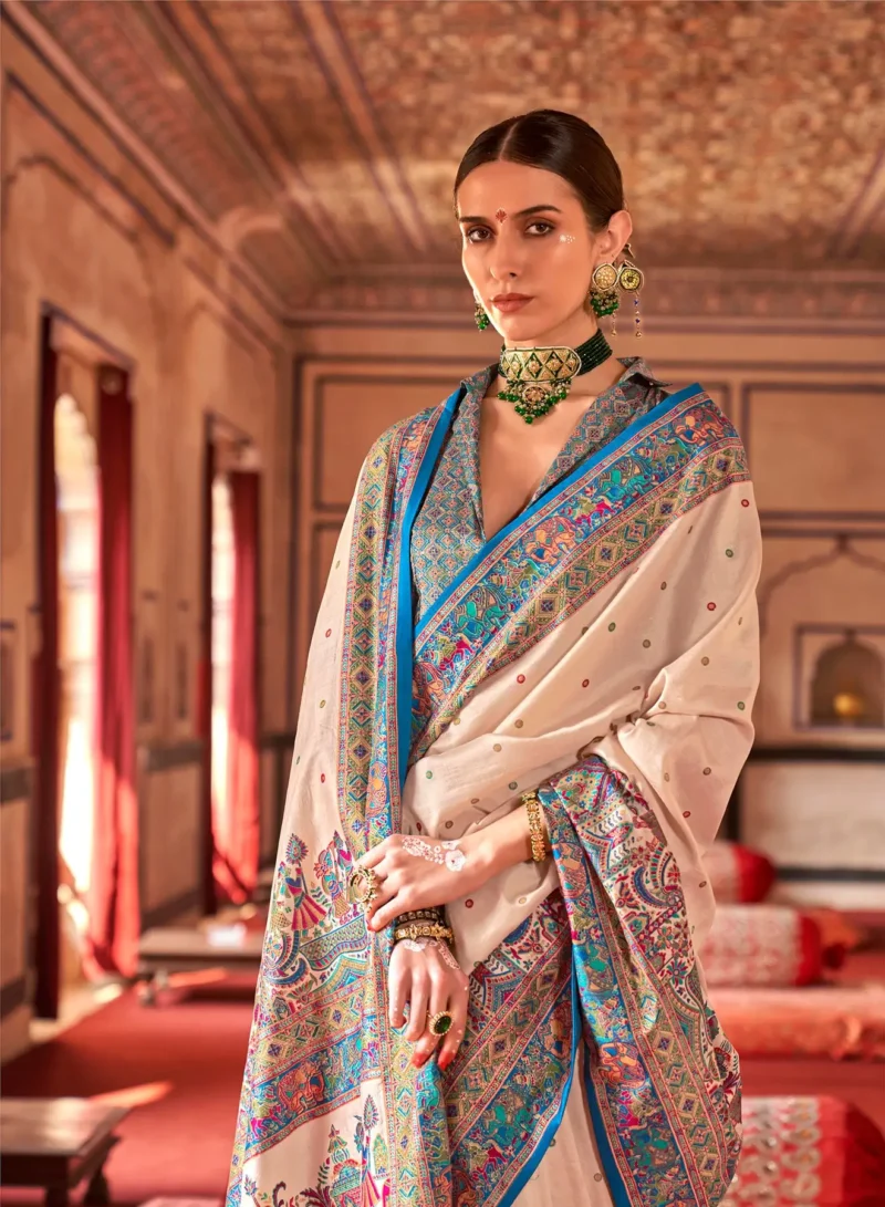 Cream Poly Viscose Silk Polka Dot Banarasi Saree With Aqua Blue Woven Design Border - Image 3