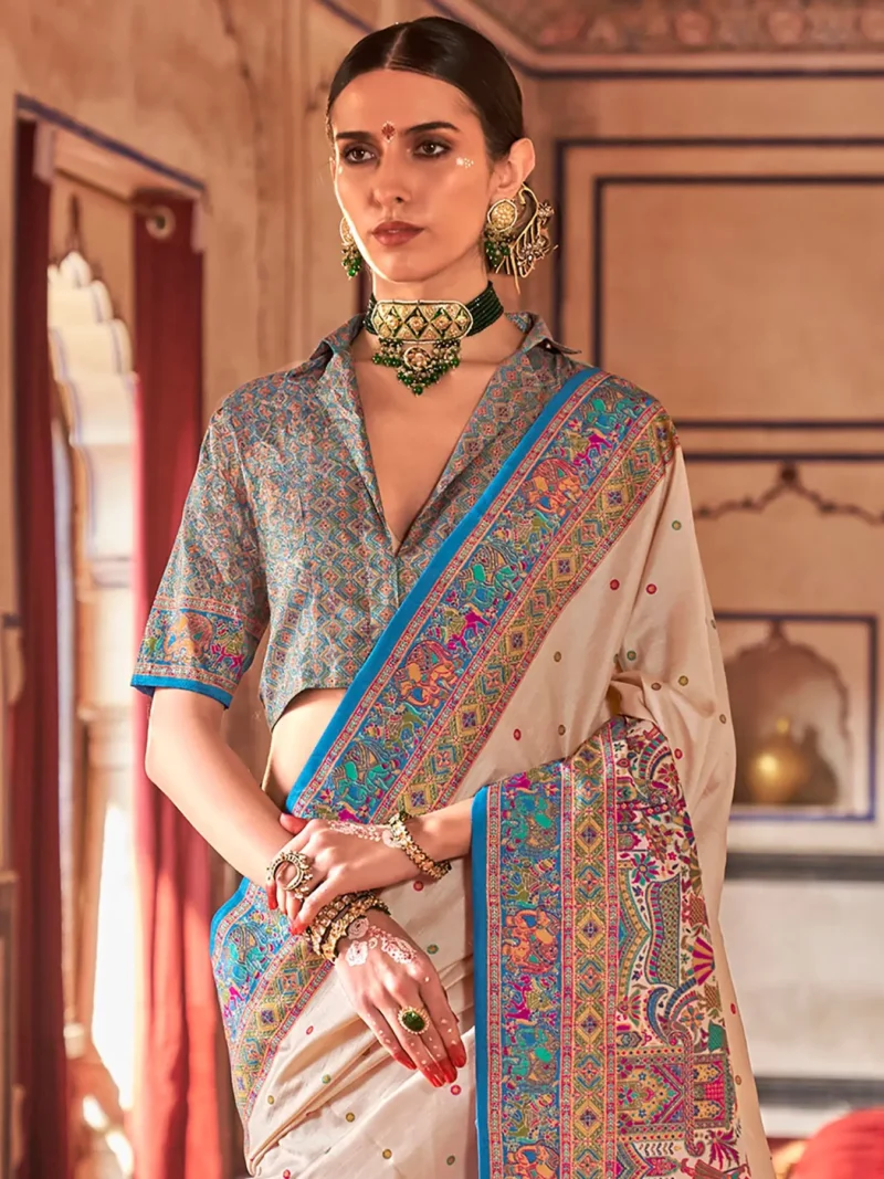 Cream Poly Viscose Silk Polka Dot Banarasi Saree With Aqua Blue Woven Design Border - Image 2