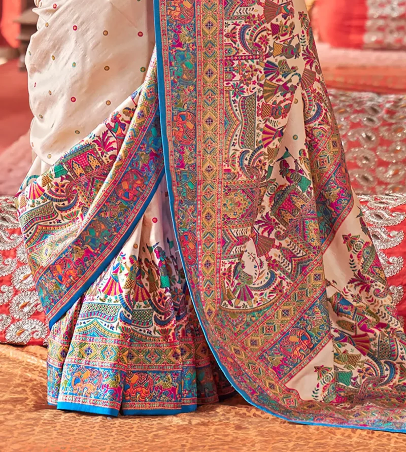 Cream Poly Viscose Silk Polka Dot Banarasi Saree With Aqua Blue Woven Design Border - Image 4