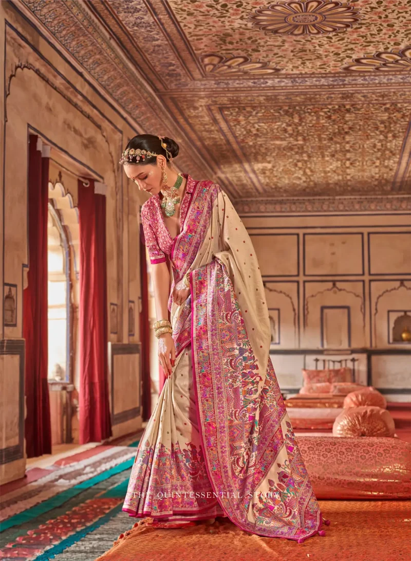 Cream Poly Viscose Silk Polka Dot Banarasi Saree With Pink Woven Design Border - Image 3