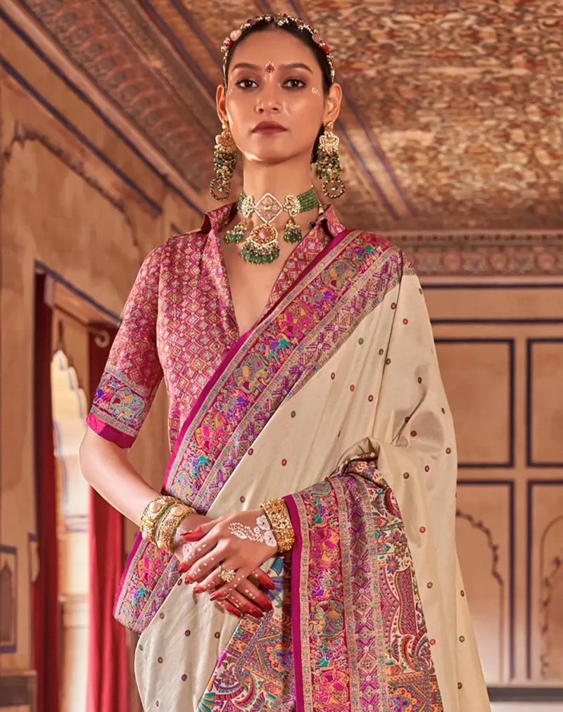 Cream Poly Viscose Silk Polka Dot Banarasi Saree With Pink Woven Design Border - Image 2