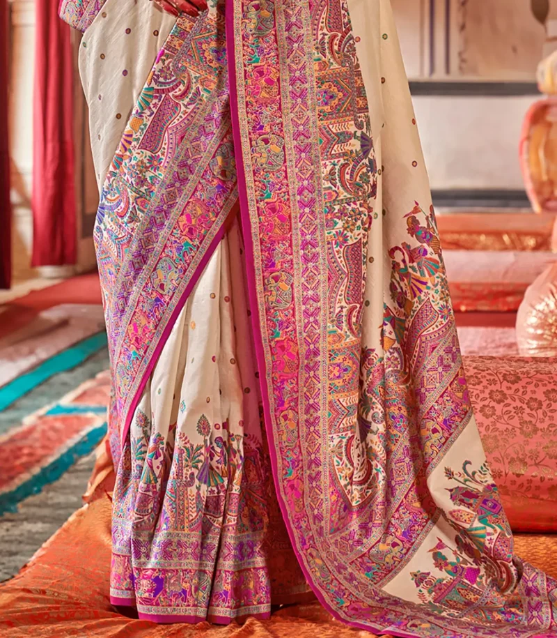 Cream Poly Viscose Silk Polka Dot Banarasi Saree With Pink Woven Design Border - Image 4