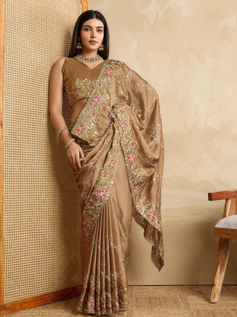 Gold Embroidered Rangoli Heavy Floral Work Silk Saree - Image 4