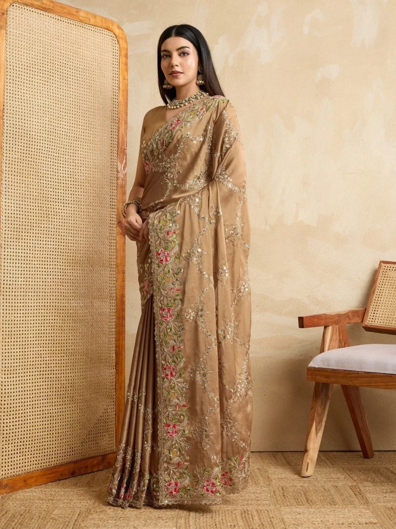 Gold Embroidered Rangoli Heavy Floral Work Silk Saree - Image 3