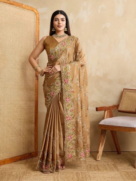 Gold Embroidered Rangoli Heavy Floral Work Silk Saree