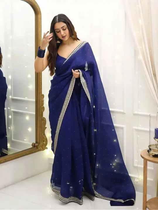 Royal Blue Fancy Embroidery & Moti Detailing Georgette Saree