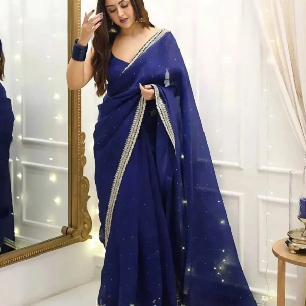 Royal Blue Fancy Embroidery & Moti Detailing Georgette Saree