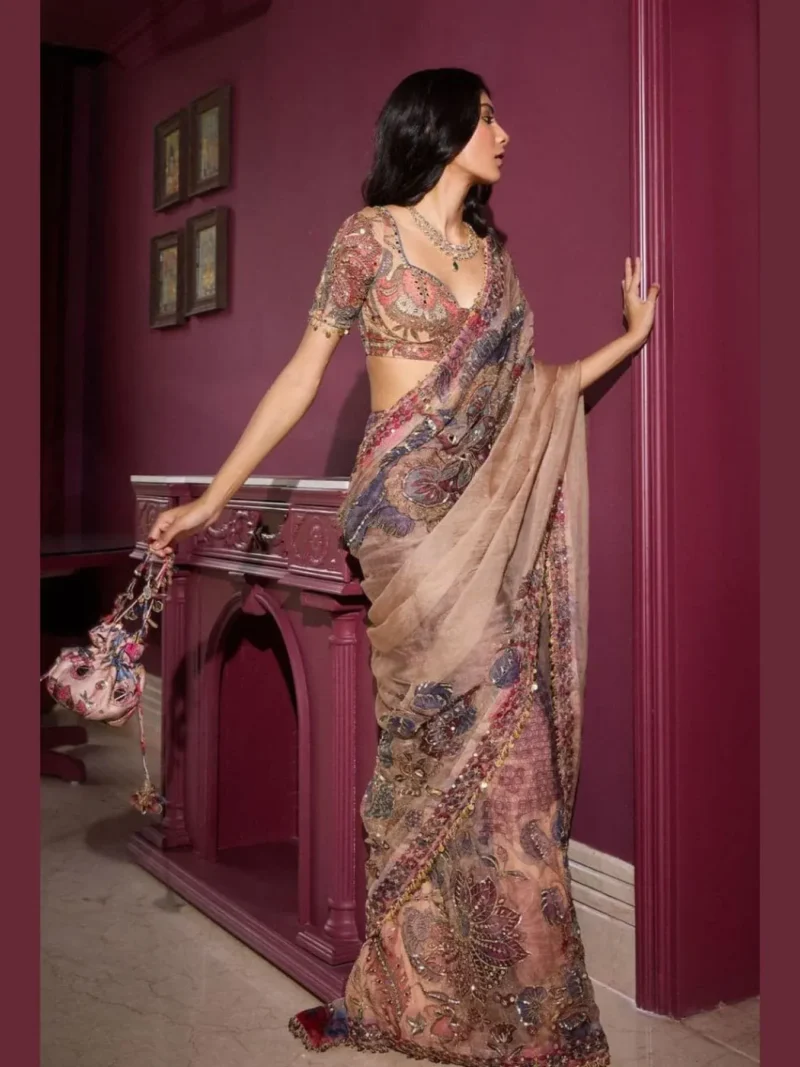 Beige Organza Embroidered Mirror Sweetheart And Sequin Saree - Image 5