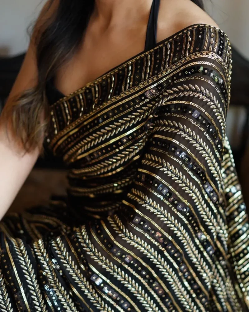 Black Heavy Embroidered Georgette  Sequin Work Saree - Image 4