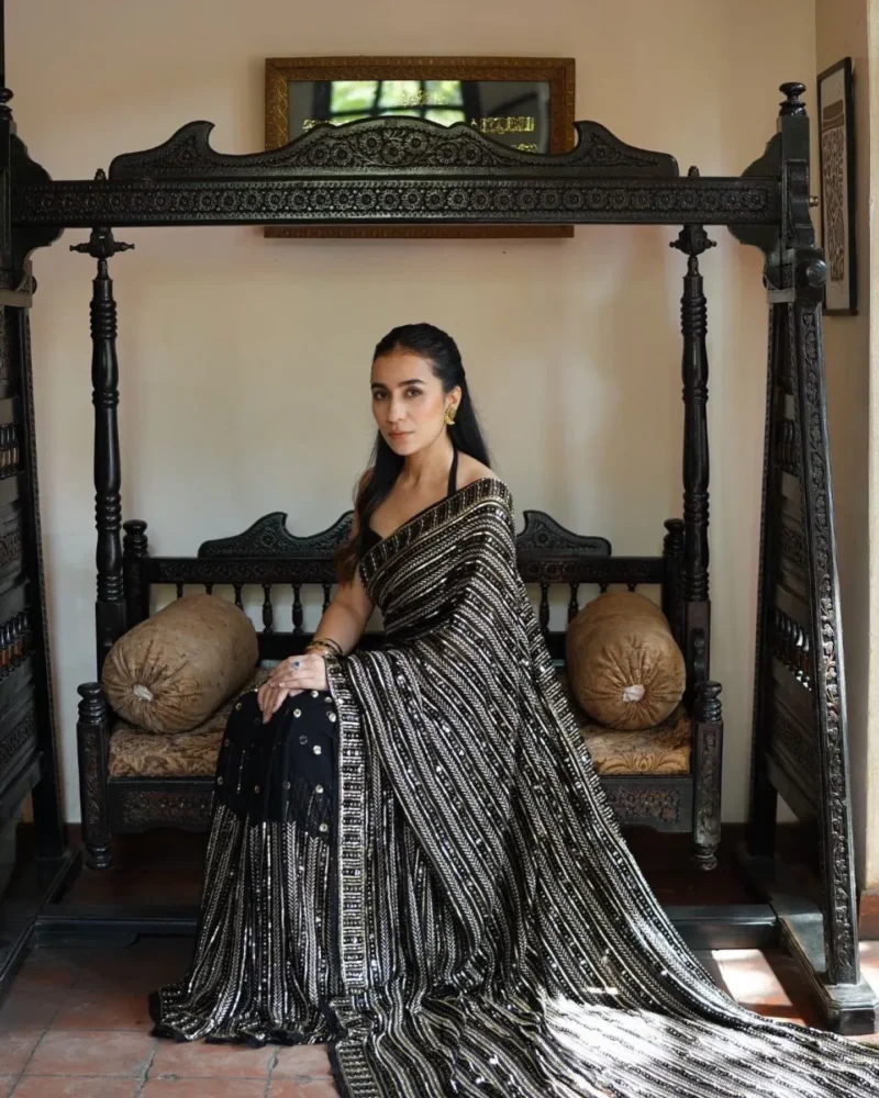 Black Heavy Embroidered Georgette  Sequin Work Saree - Image 2