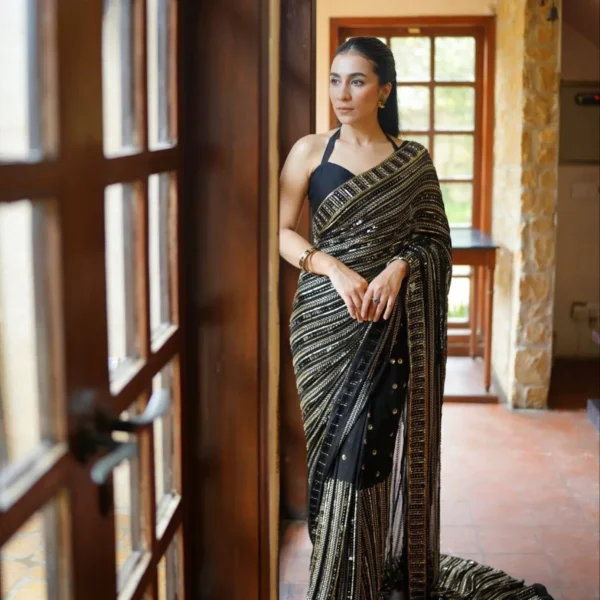 Black Heavy Embroidered Georgette  Sequin Work Saree