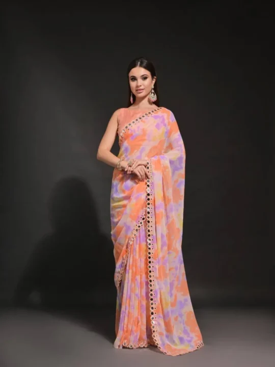 Orange Prizam Print Embroidered Georgette Saree