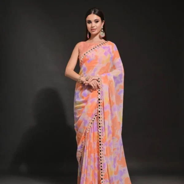 Orange Prizam Print Embroidered Georgette Saree