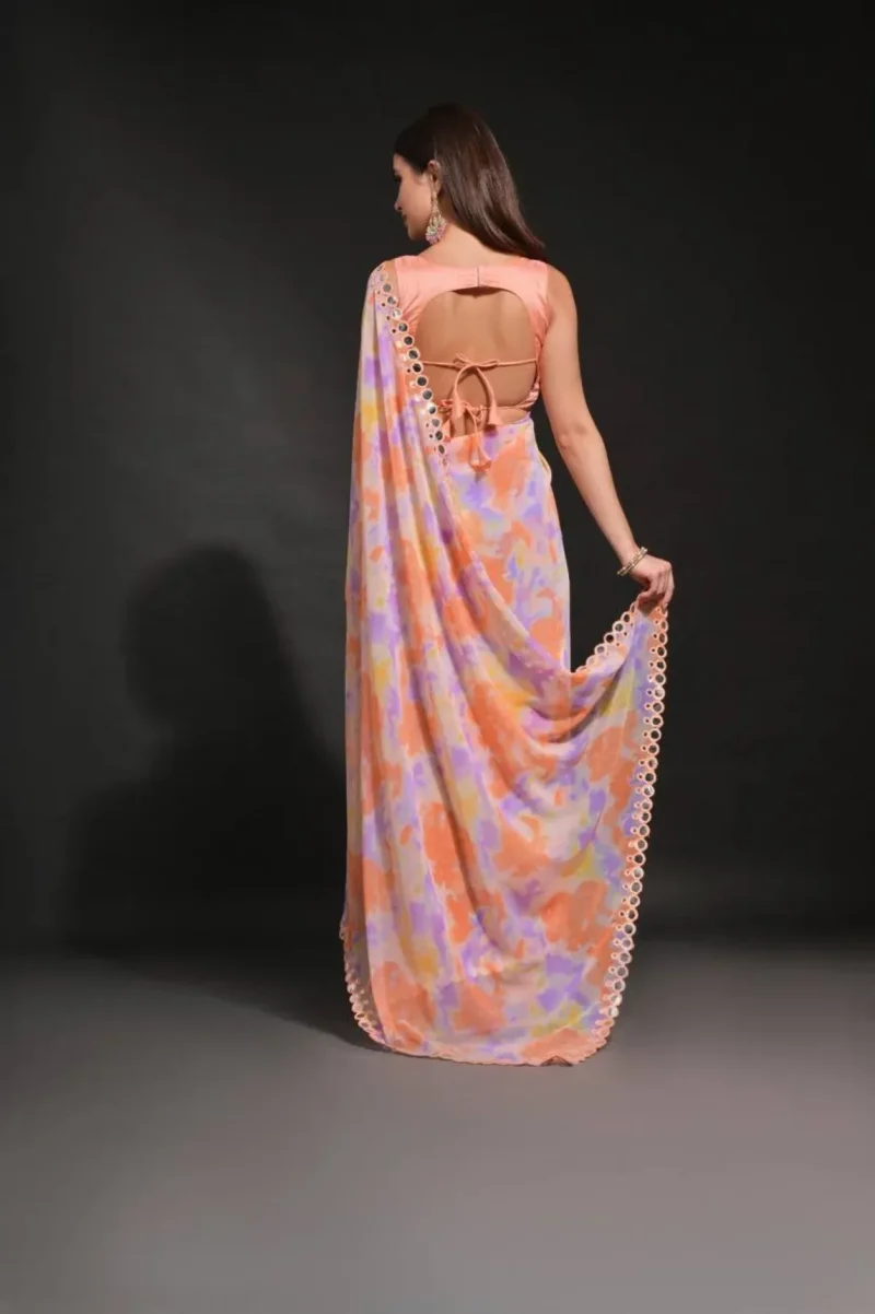 Orange Prizam Print Embroidered Georgette Saree - Image 4