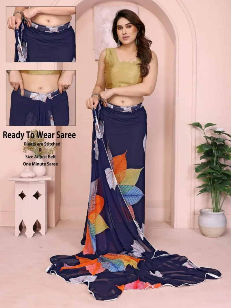 Navy Blue Lace & Banglori Silk Saree with Blouse - Image 3