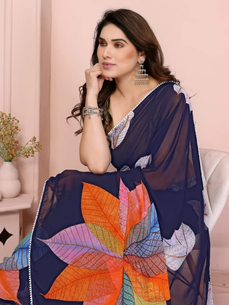 Navy Blue Lace & Banglori Silk Saree with Blouse - Image 2