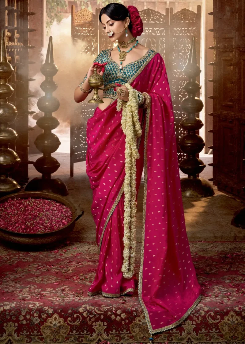 Rani Pink Banarasi Saree with Teal Blue Blouse - Image 2