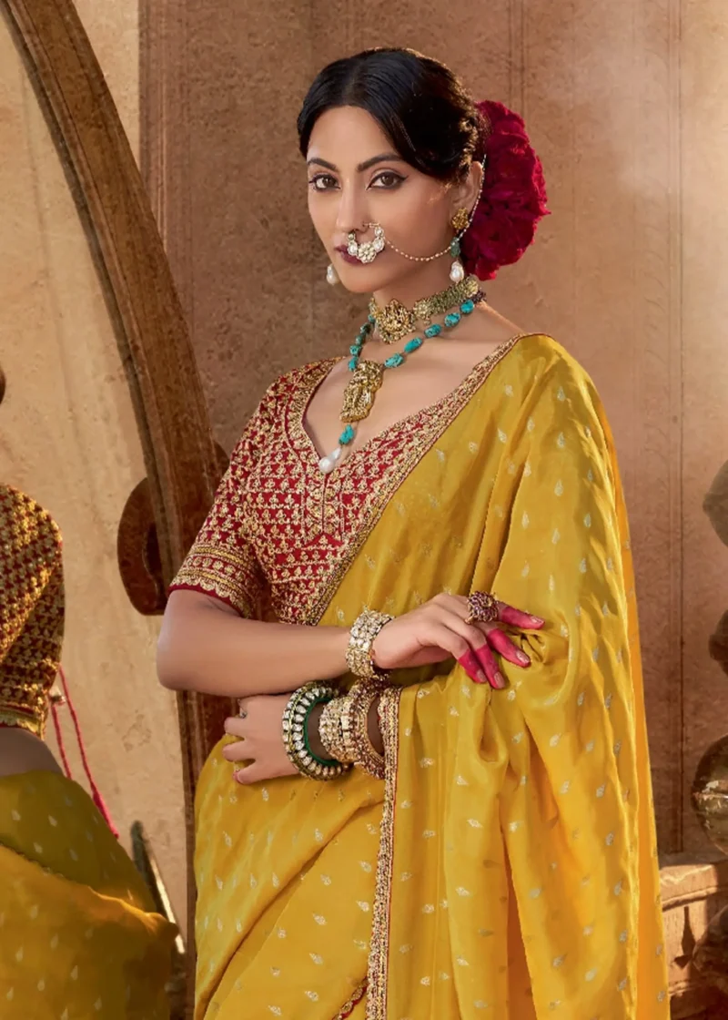 Mustard Yellow Banarasi Silk Saree with Embroidered Red Blouse - Image 4