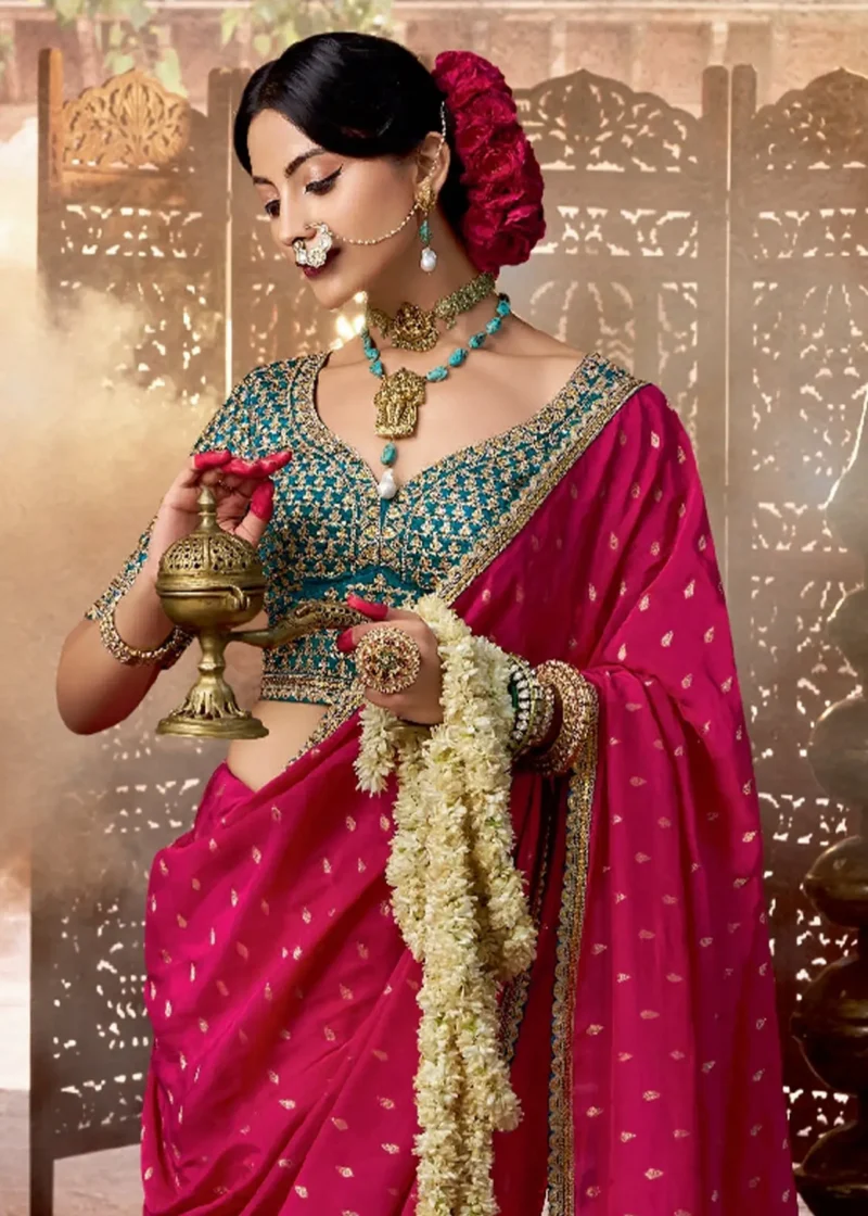 Rani Pink Banarasi Saree with Teal Blue Blouse - Image 3