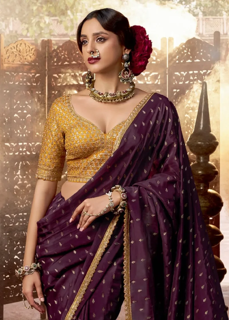 Royal Purple Banarasi Silk Saree with Golden Blouse - Image 2