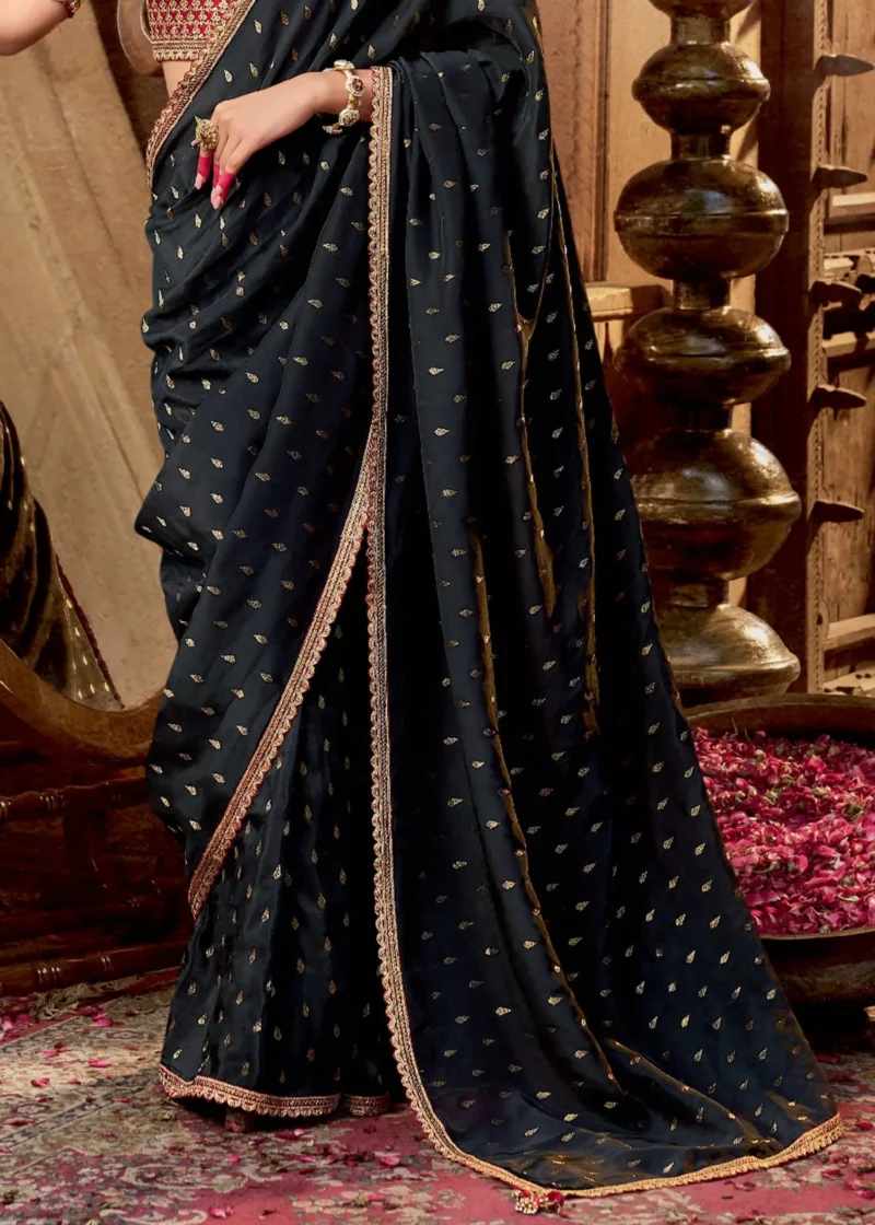 Midnight Black Banarasi Silk Saree with Maroon Blouse - Image 5